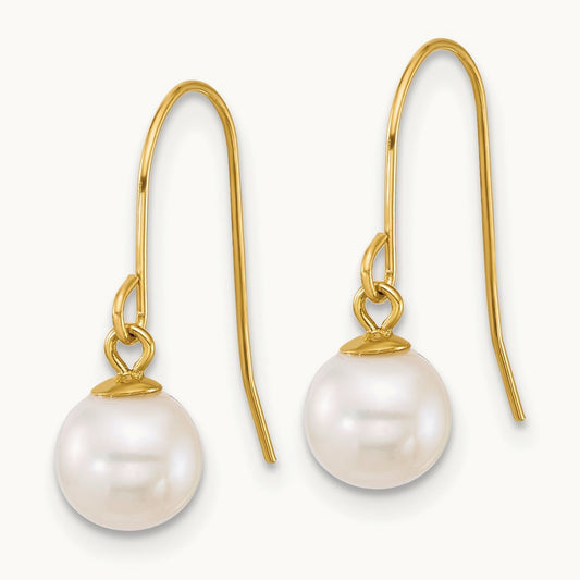 6- Round White Freshwater Culture Pearl Dangle Earrings, 7mm, 14K
