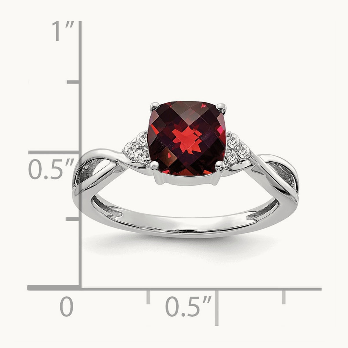 Checkerboard Garnet and Diamond Ring — 14K White Gold, 7
