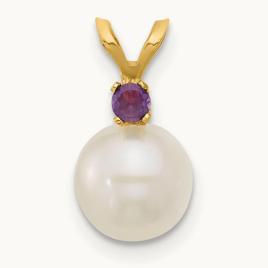 7- White Round FWC Pearl Amethyst Pendant, 7.5mm, 14K