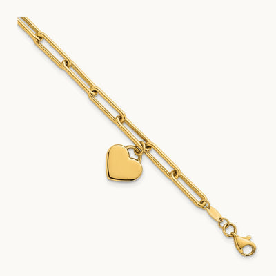 Polished Dangle Heart 7.5in Paperclip Bracelet, 14K