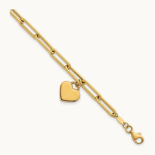 Polished Dangle Heart 7.5in Paperclip Bracelet, 14K