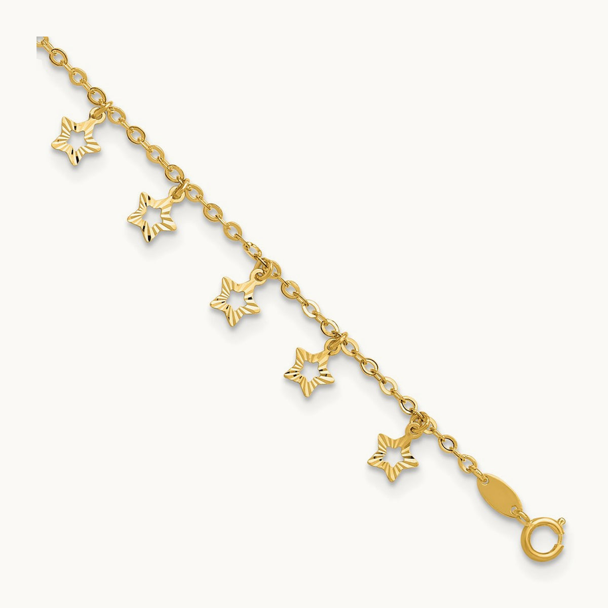 Polished and Textured Star 9in Plus 1in ext. Anklet, 14K