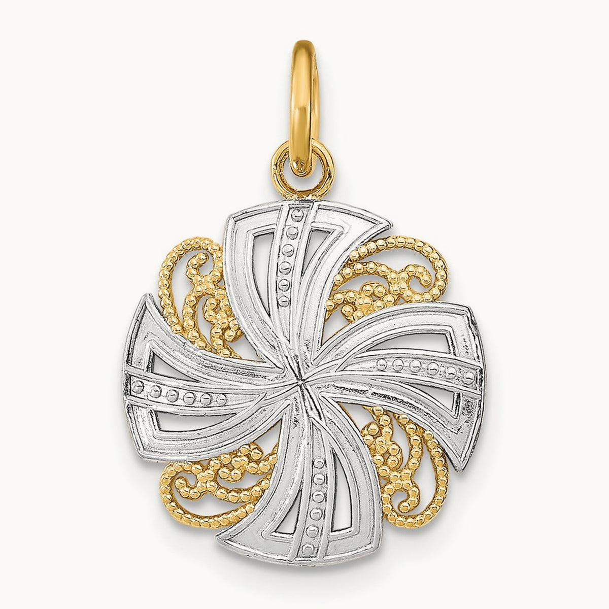 w/Rhodium Pinwheel Medallion Charm, 14K
