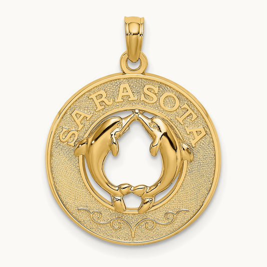 SARASOTA w/Dolphins Circle Charm, 14K