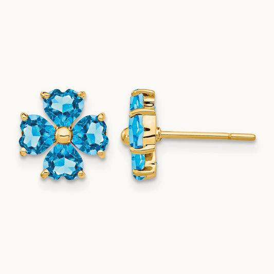 Heart-shaped Swiss Blue Topaz Flower Post Earrings, 14K