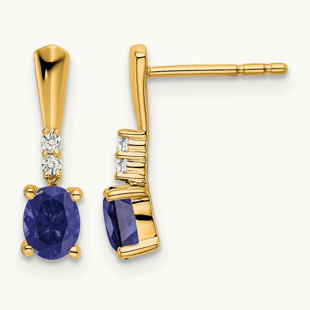 Oval Created Sapphire and Diamond Dangle Earrings — 14K Yellow Gold