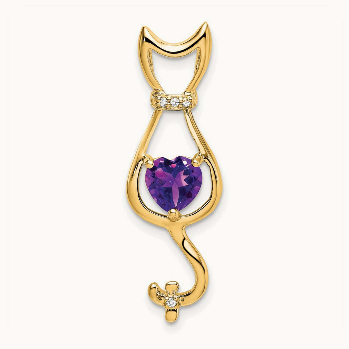 Amethyst and Diamond Cat Pendant — 14K Yellow Gold
