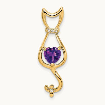 Amethyst and Diamond Cat Pendant — 14K Yellow Gold