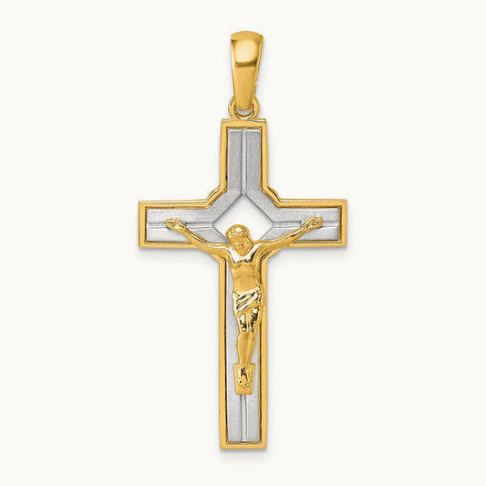 Polished and Satin Crucifix With Square Cut Out Pendant, 14K Two-tone