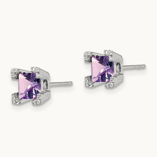 Square Amethyst and Diamond Earrings, 14K White Gold