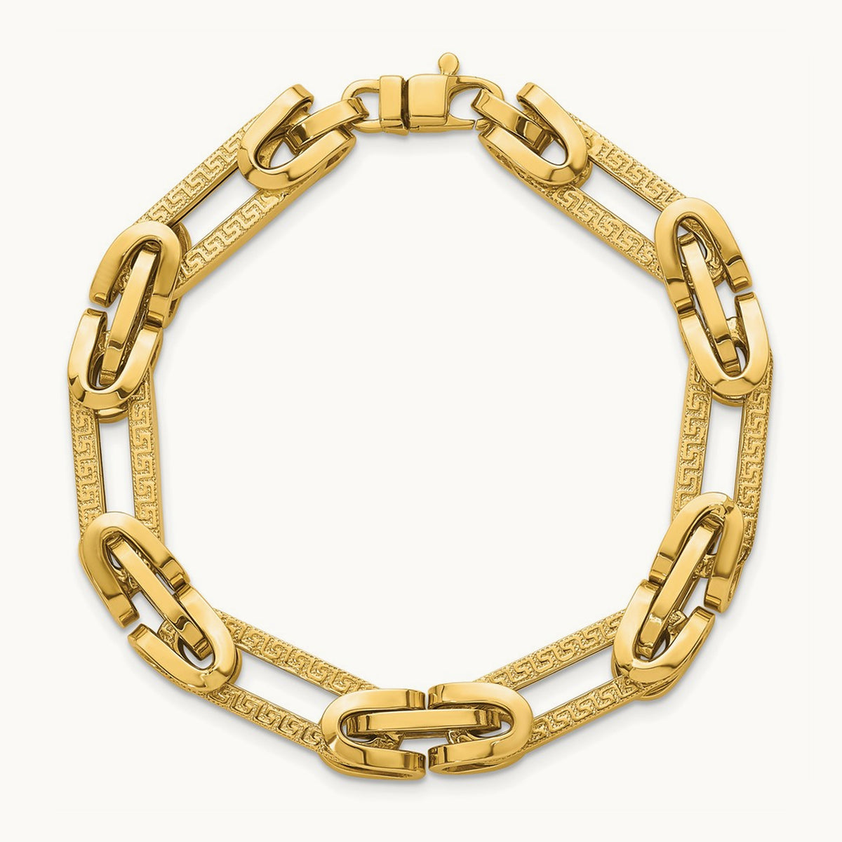 Polished & Textured Greek Key Design Oval Link 7.25 in Bracelet, 14K
