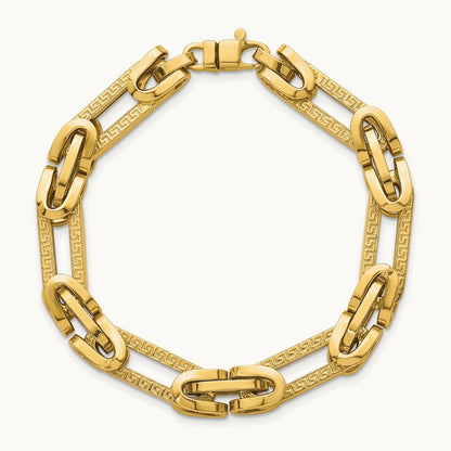 Polished & Textured Greek Key Design Oval Link 7.25 in Bracelet, 14K