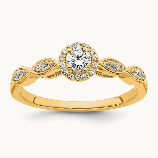 Polished Complete Diamond Round Halo Engagement Ring, 14K
