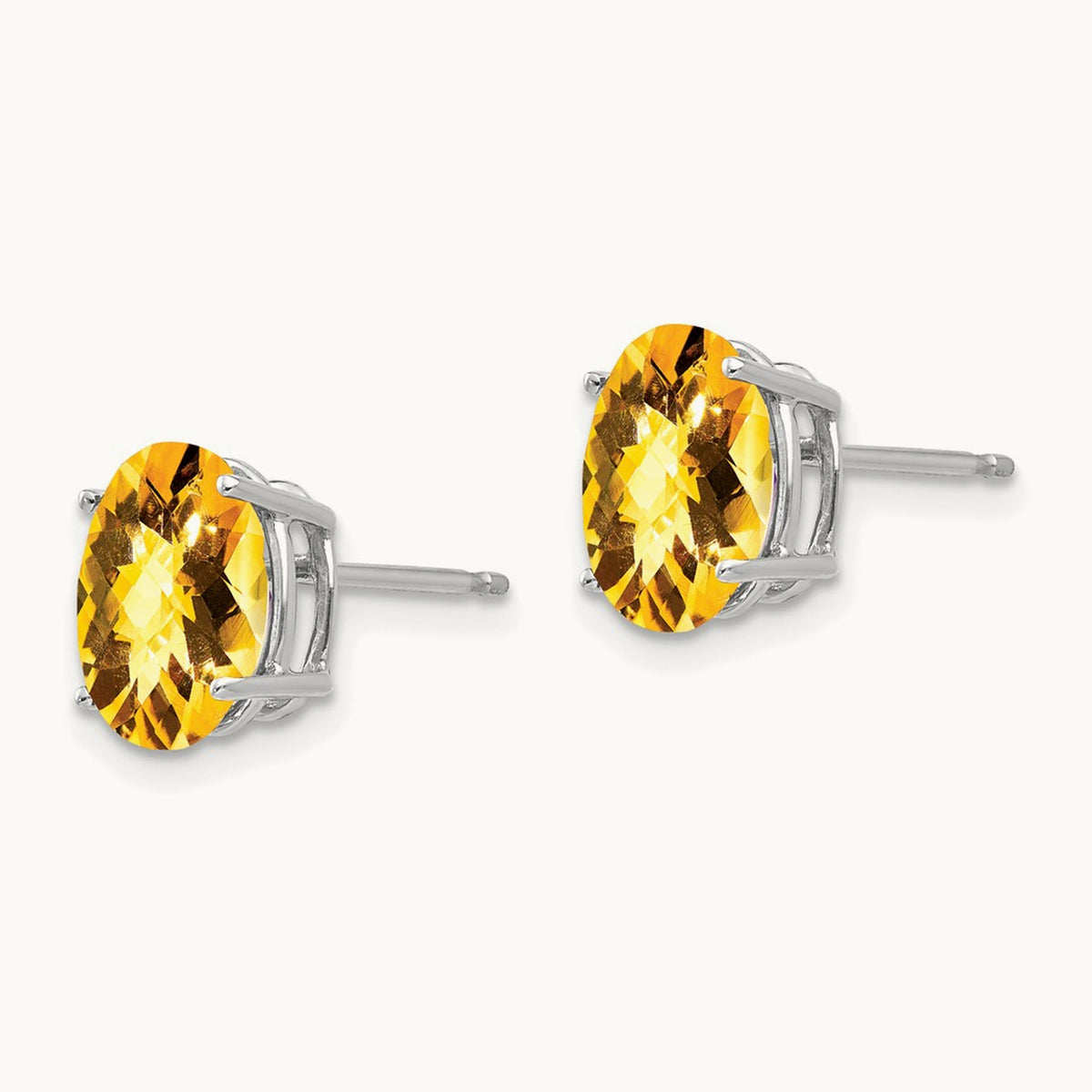 9x7mm Oval Citrine Checker Earrings, 14K White Gold