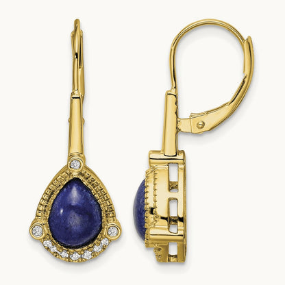 Pear Lapis and Diamond Leverback Earrings, 14K