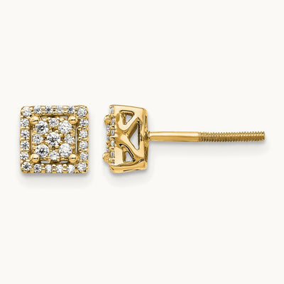 Diamond Square Screw Back Post Earrings, 14K
