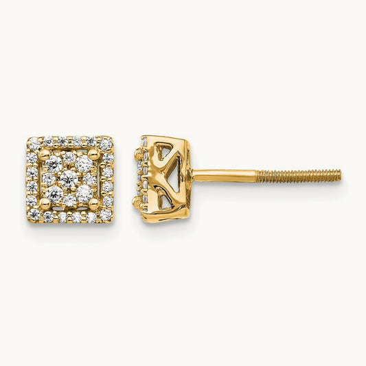 Diamond Square Screw Back Post Earrings, 14K