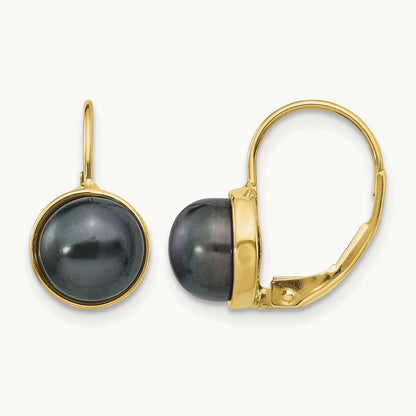 6- Black Button Freshwater Cultured Pearl Leverback Earrings, 7mm, 14K