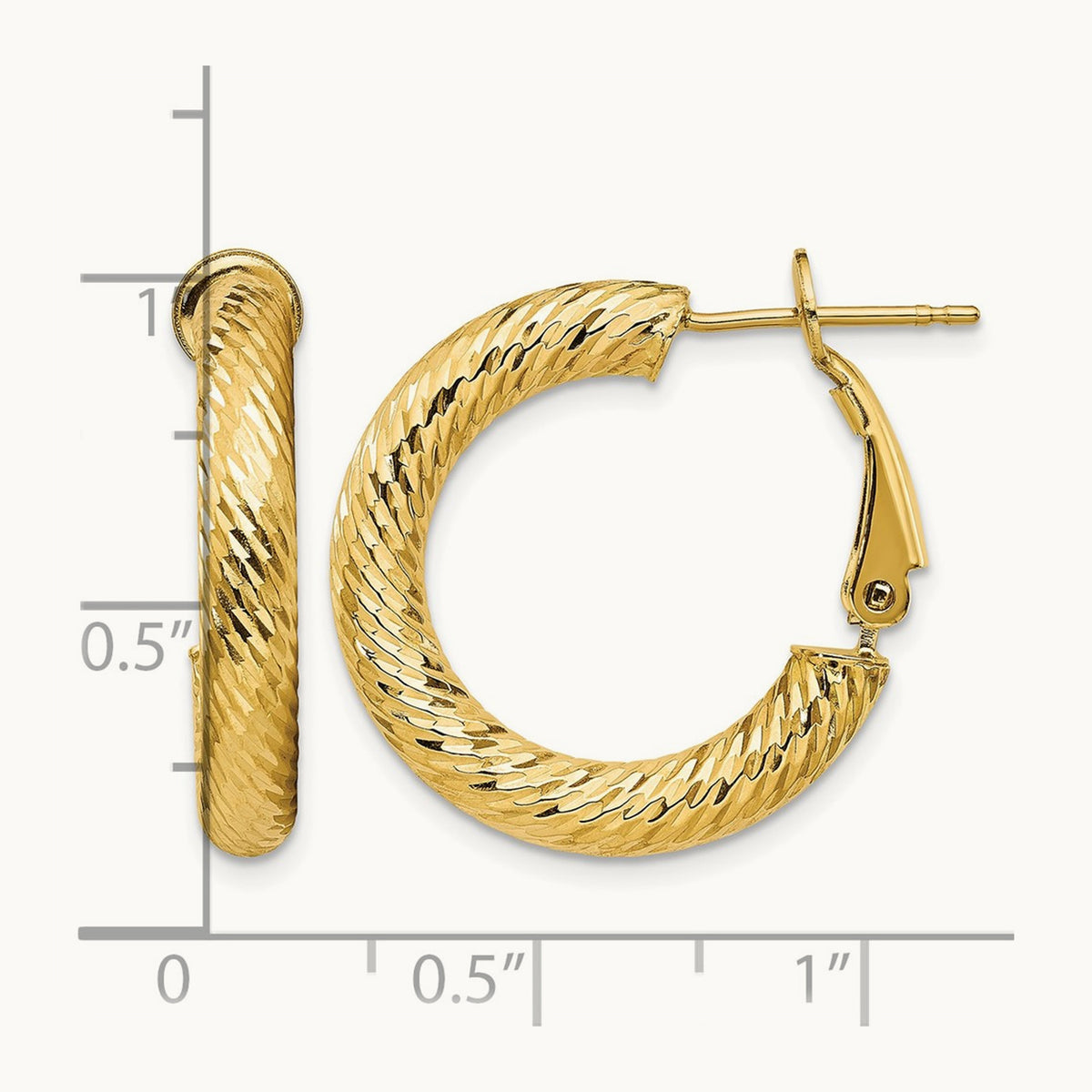 Diamond-cut Round Omega Back Hoop Earrings — 14K Yellow Gold, 4x23mm
