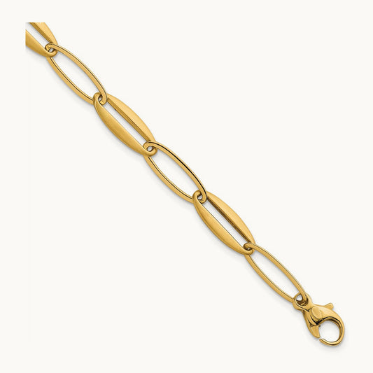 Brushed and Polished Long Oval Link Bracelet, 7.25mm, 14K