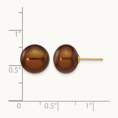 10- Brown Button Freshwater Cultured Pearl Stud Post Earrings, 11mm, 14K