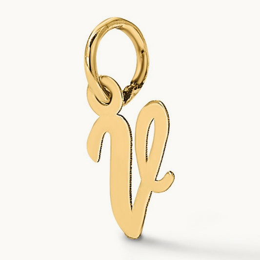 Small Script Letter V Initial Charm, 14K White Gold