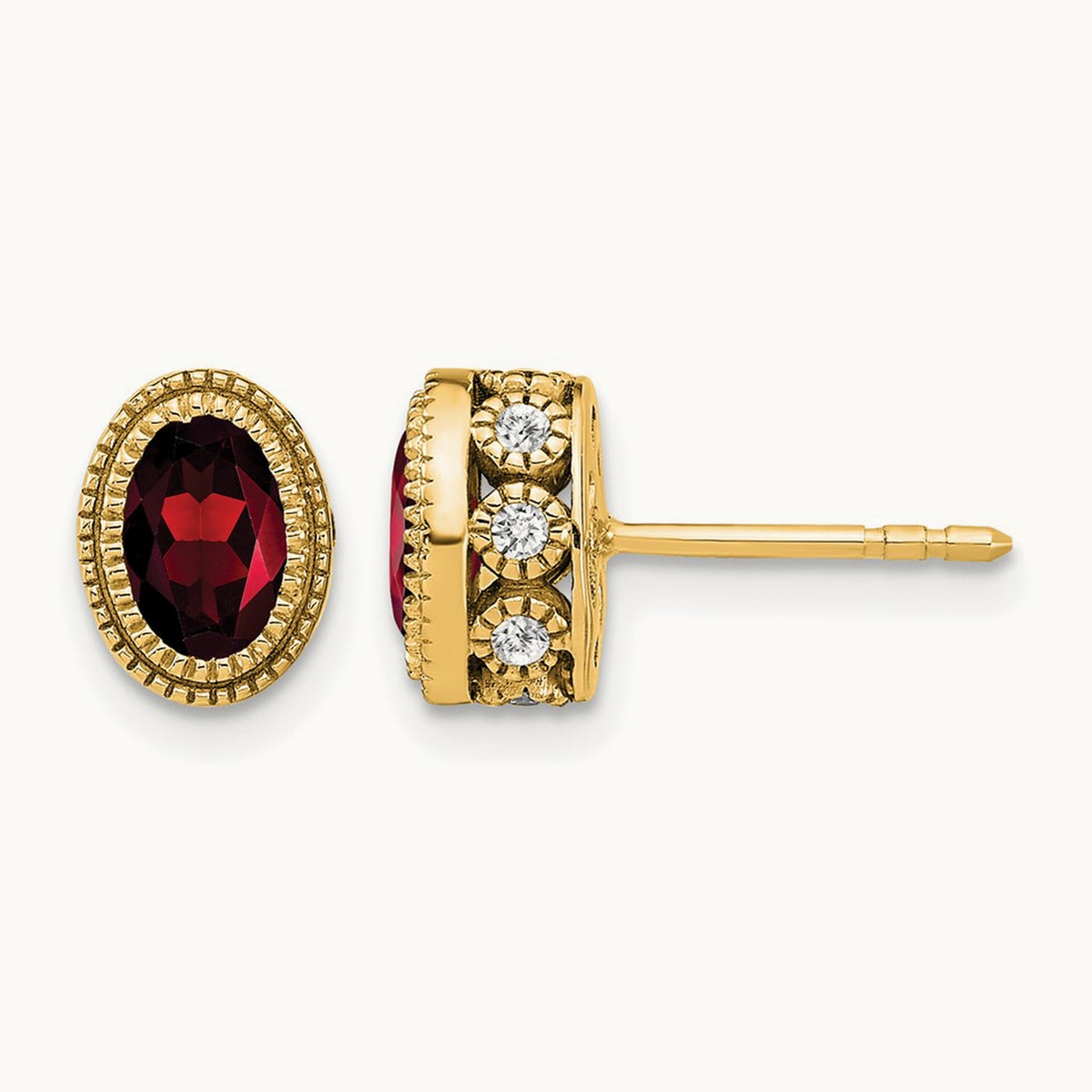 Oval Garnet and Diamond Earrings — 14K Yellow Gold