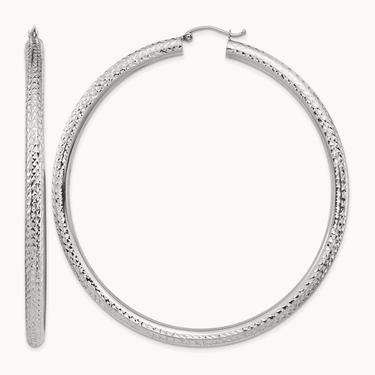 Diamond-cut Lightweight Tube Hoop Earrings — 14K White Gold, 4x70mm