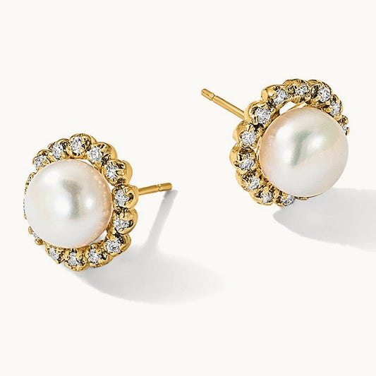 7- Button Freshwater Cultured Pearl and .28ct Dia Post Earrings, 8mm, 14K
