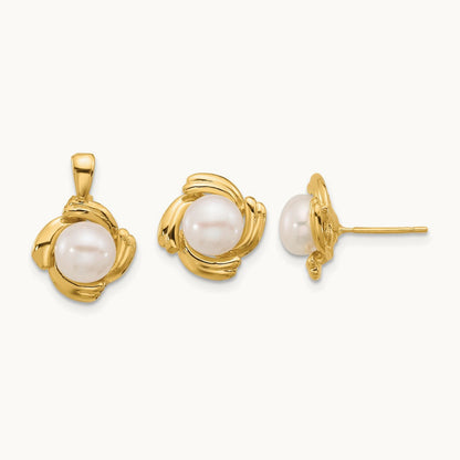 6- White Button FWC Pearl Earring and Pendant Set, 7mm, 14K