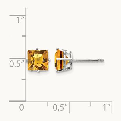 Princess Cut Citrine Earrings, 6mm, 14K White Gold
