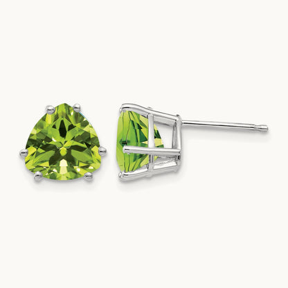 Peridot Trillion Stud Earrings, 14K White Gold