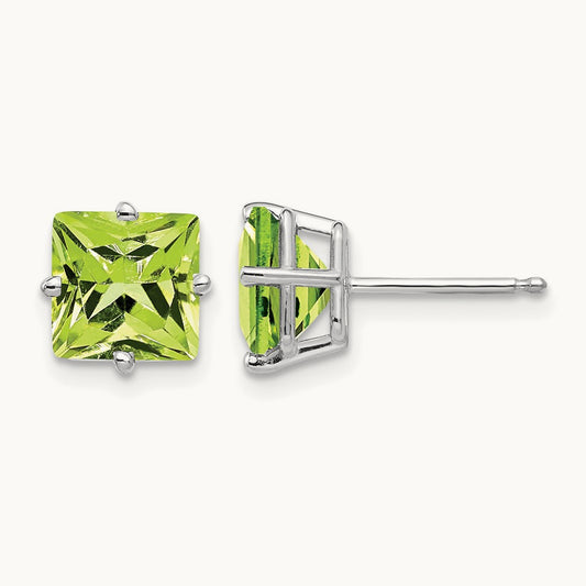 Princess Cut Peridot Earrings, 7mm, 14K White Gold