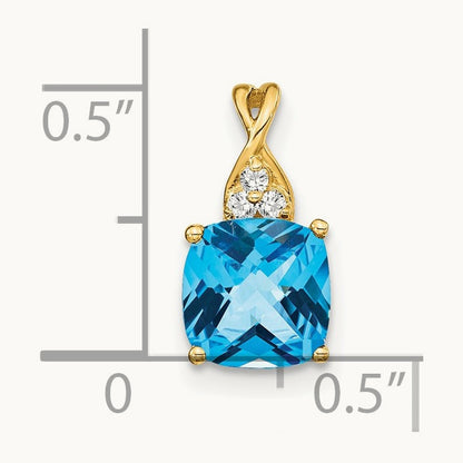 Checkerboard Blue Topaz and Diamond Pendant — 14K Yellow Gold