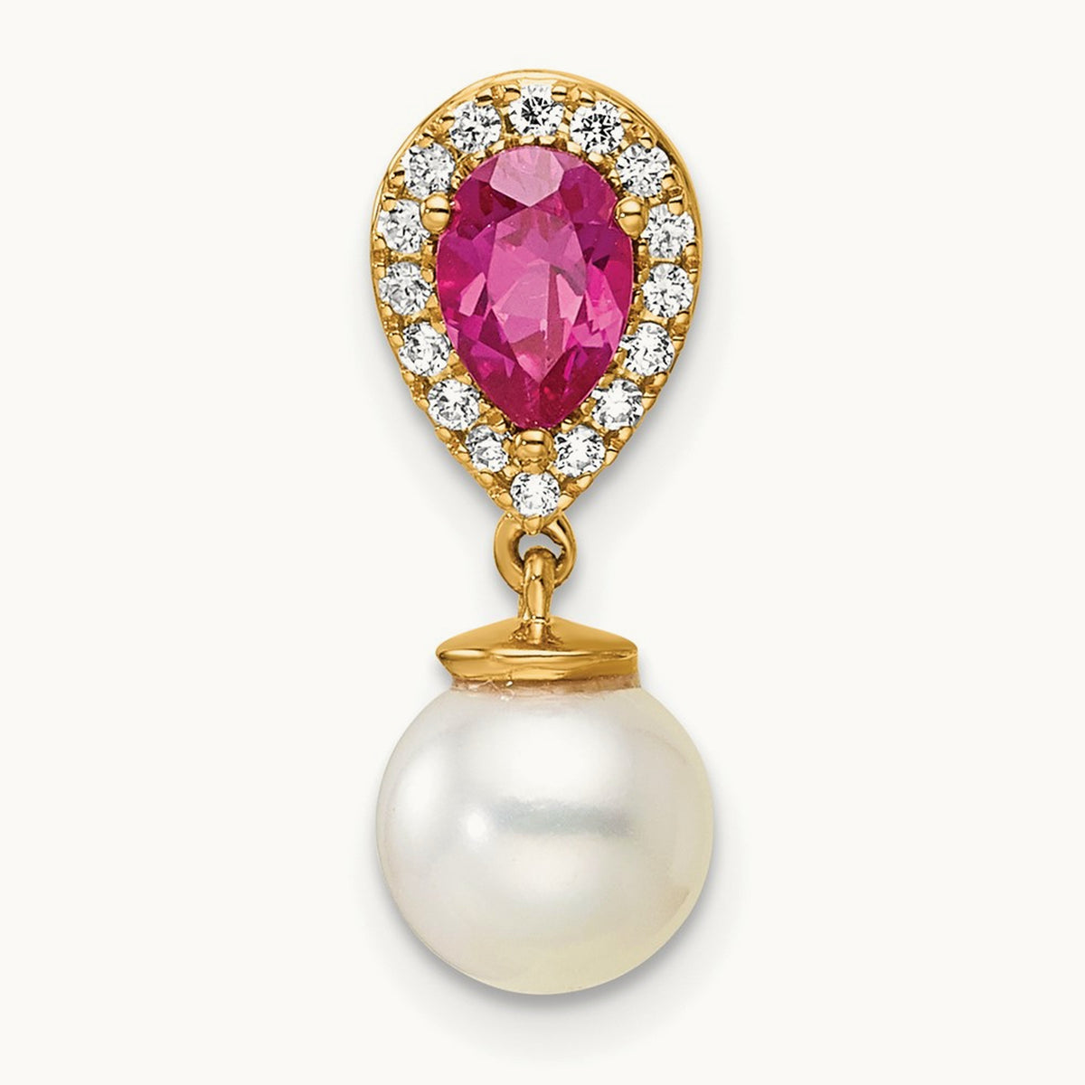 Polished Diamond Pearl and Ruby Teardrop Chain Slide, 14K