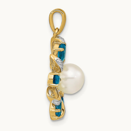 Diamond and 6- Button FWC Pearl/London Blue Topaz Pendant, 7mm, 14K