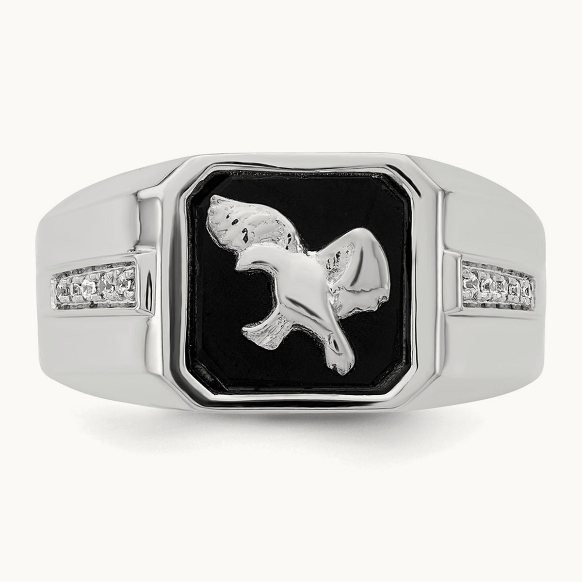 Onyx and Diamond Eagle Men's Ring — 14K White Gold