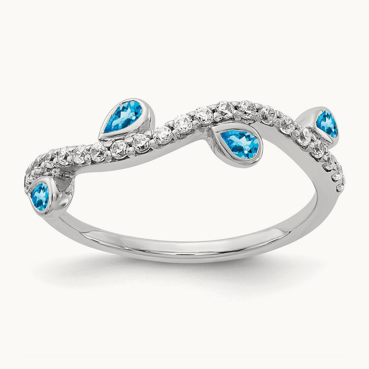 Diamond and Pear Blue Topaz Curved Ring, 14K White Gold