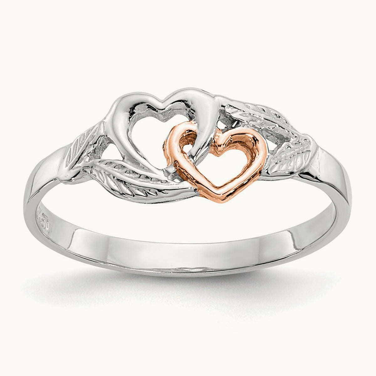 Plated Polished Hearts and Leaves Ring, 14K White with Rose Gold