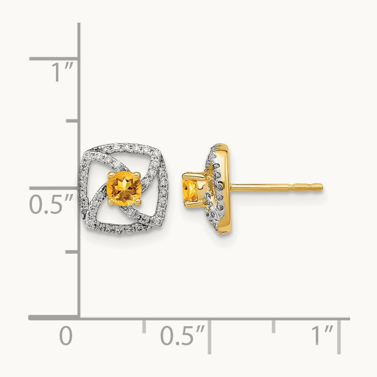Polished Diamond and Citrine Square Post Earrings, 14K