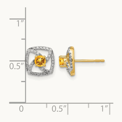 Polished Diamond and Citrine Square Post Earrings, 14K