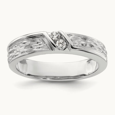 Polish & Satin Hammered Diamond Mens Wedding Band, 14K White Gold