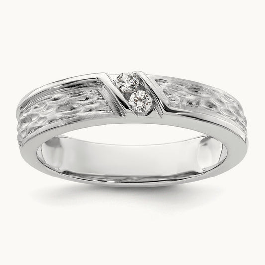 Polish & Satin Hammered Diamond Mens Wedding Band, 14K White Gold