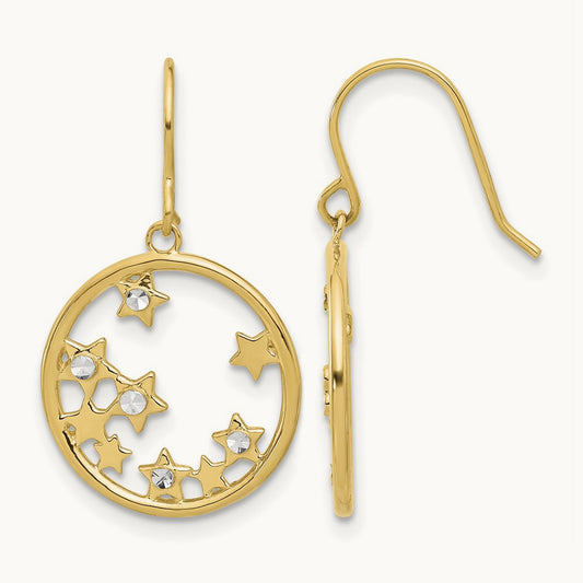 D/C Stars in Circle Dangle Earrings, 14K with White Rhodium