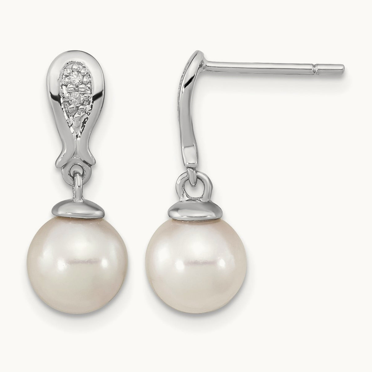 WG 7- Round White Saltwater Akoya Pearl .03ct Dia. Dangle Earrings, 8mm, 14K