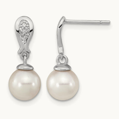 WG 7- Round White Saltwater Akoya Pearl .03ct Dia. Dangle Earrings, 8mm, 14K