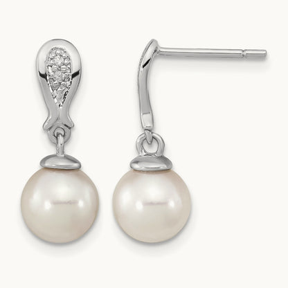 WG 7- Round White Saltwater Akoya Pearl .03ct Dia. Dangle Earrings, 8mm, 14K