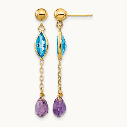 Amethyst and Blue Topaz Post Earrings, 14K