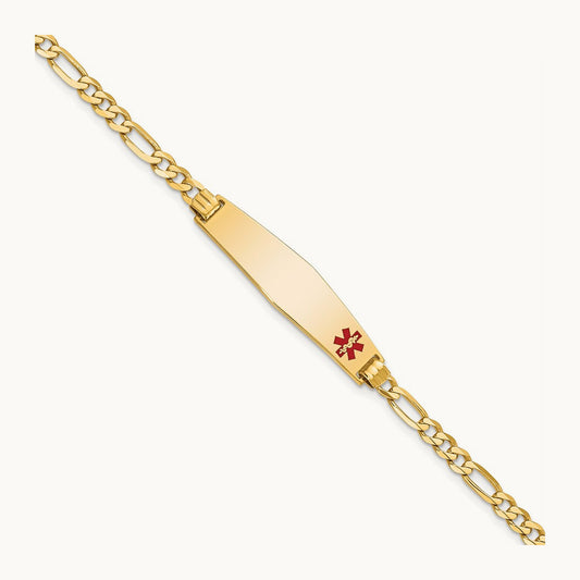 Non Enameled Medical Soft Diamond Shape Flat Figaro Link ID Bracelet, 14K