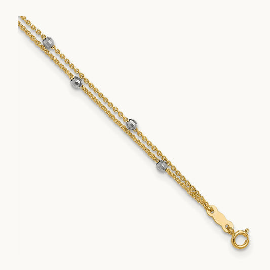 2-Strand Spiga Mirror Beads 9in Plus 1in Ext. Anklet, 14K Two-tone